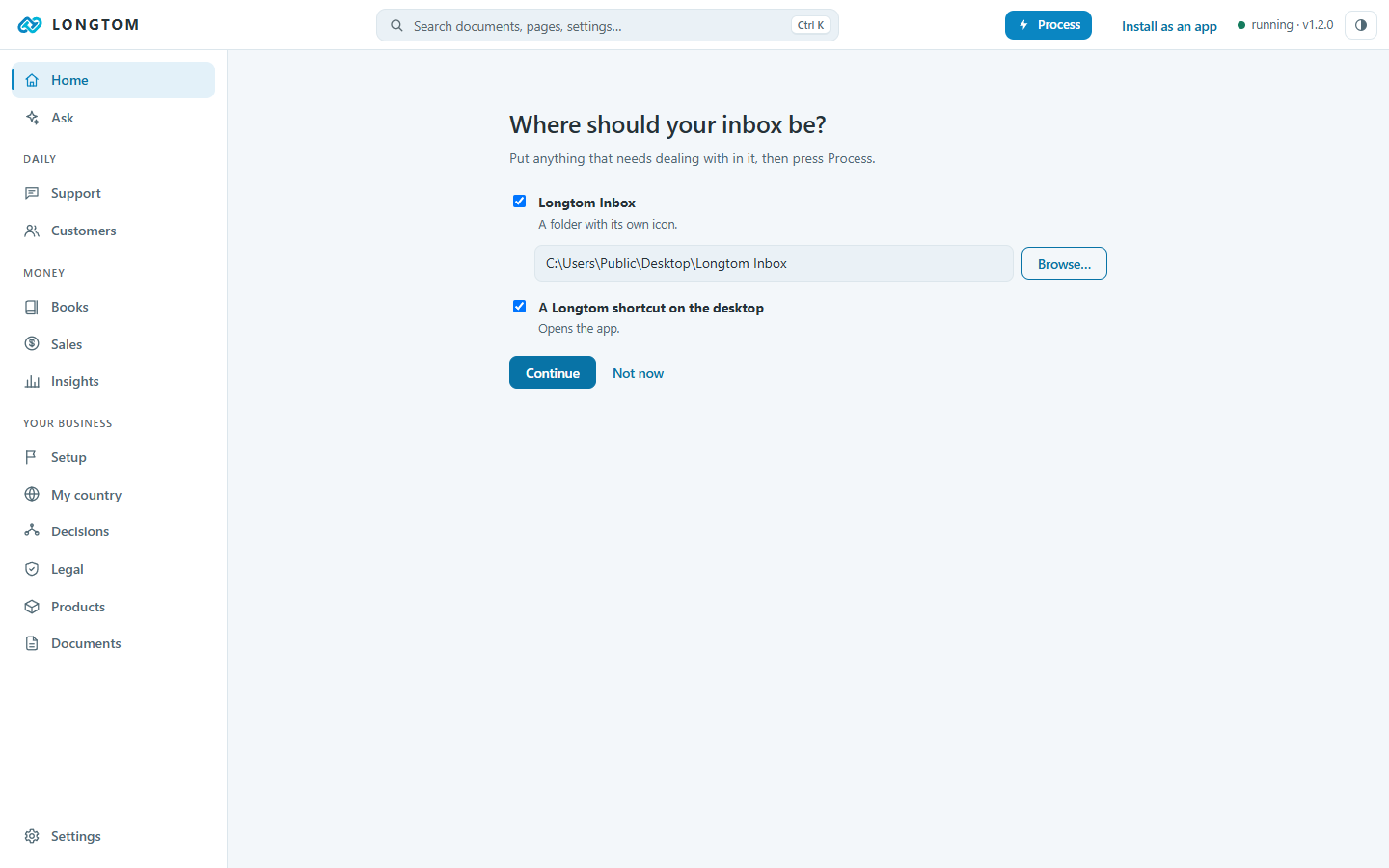 First start: where the inbox goes, and a desktop shortcut