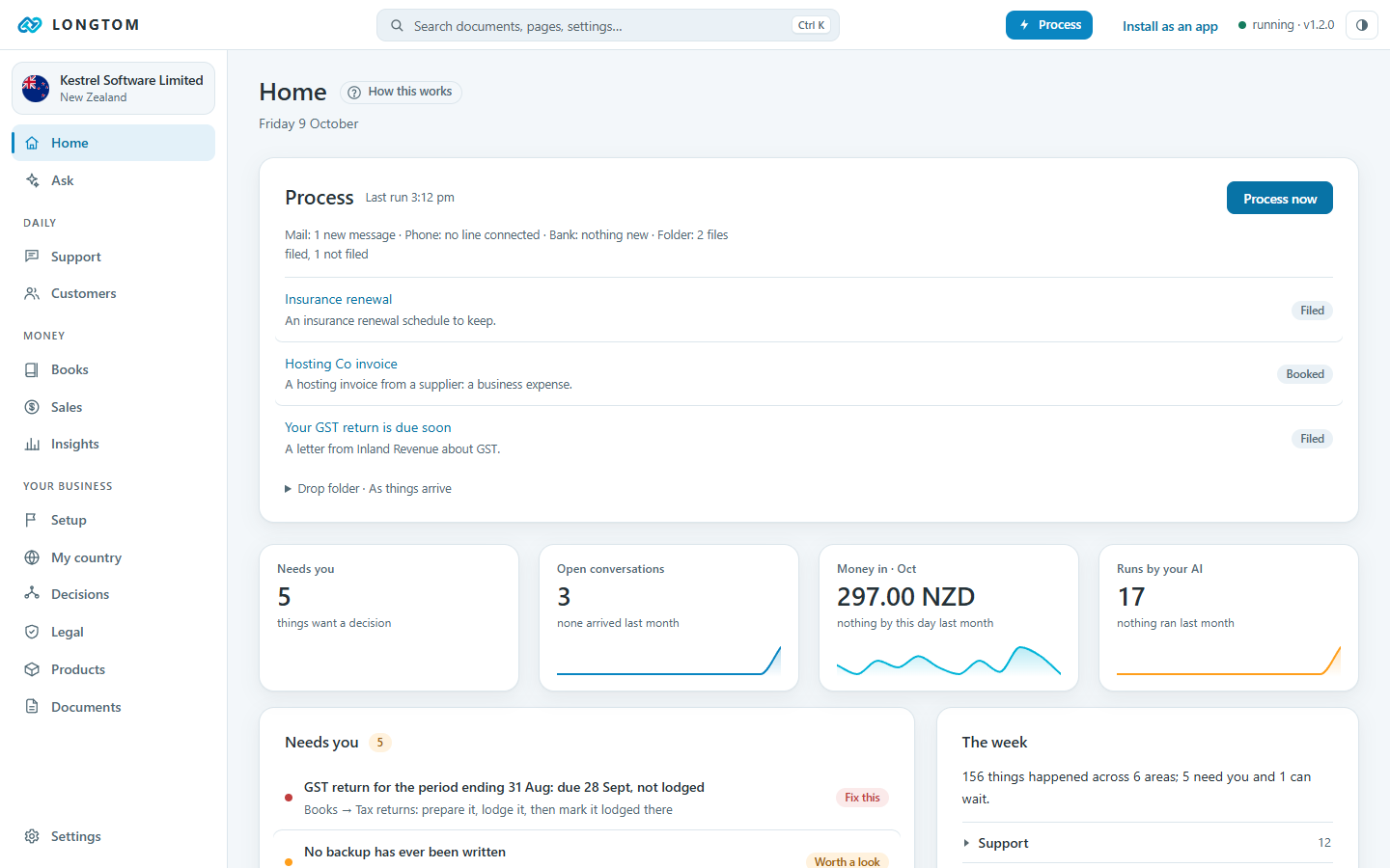 Longtom’s Home page: the last Process run, what needs you, and the month’s money