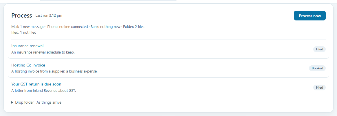 Process settings: inbox folder, schedule and the newsletter filter