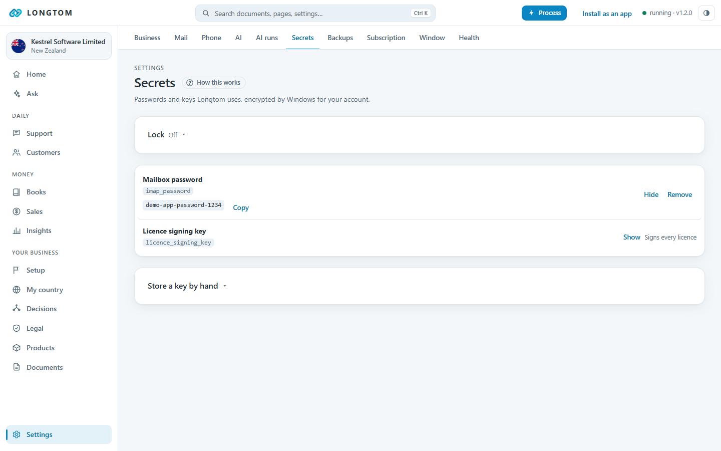 Settings, Secrets with a value shown